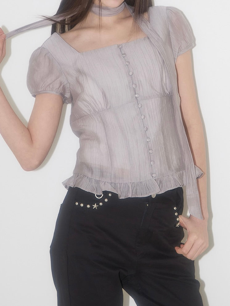 Ribbon tie square neck blouse / gray