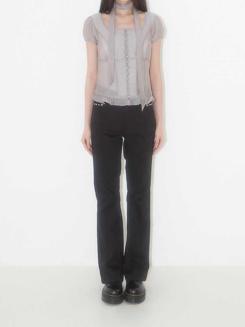 Ribbon tie square neck blouse / gray