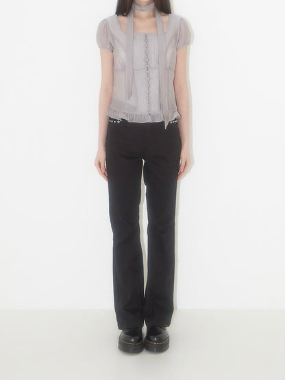 Ribbon tie square neck blouse / gray