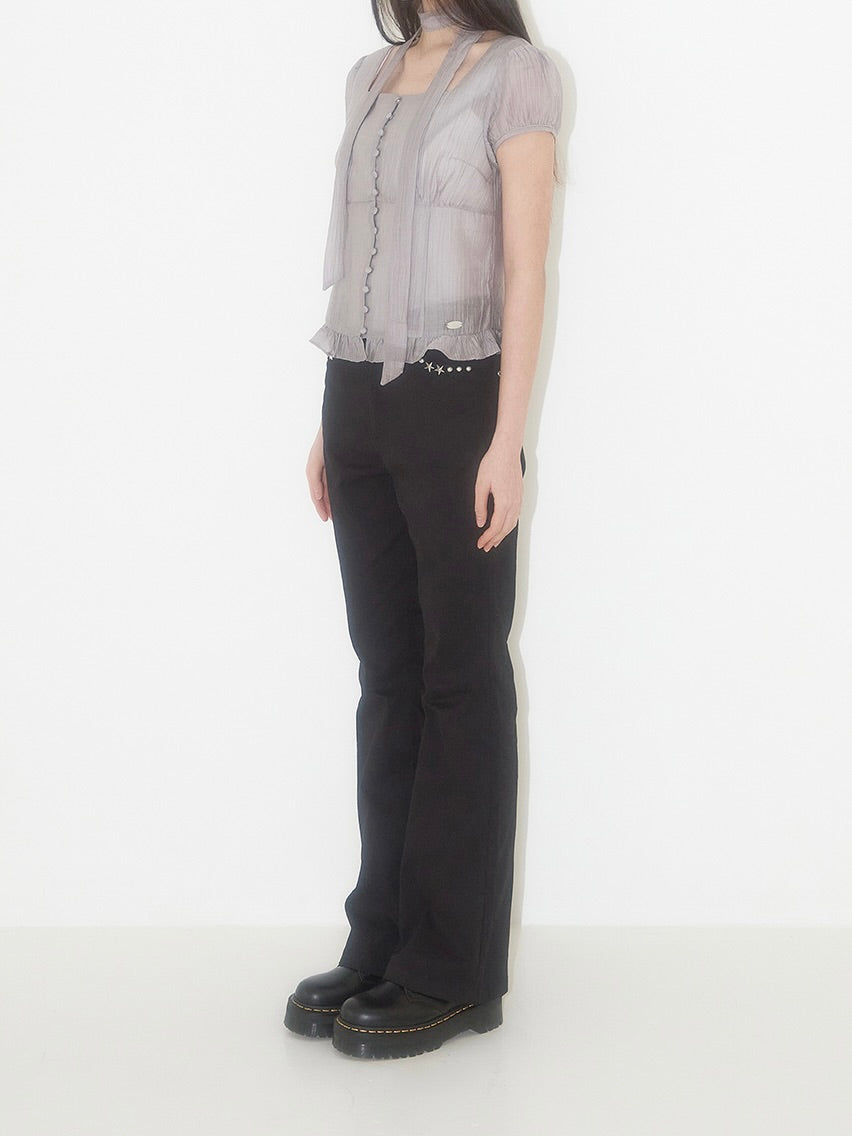 Ribbon tie square neck blouse / gray