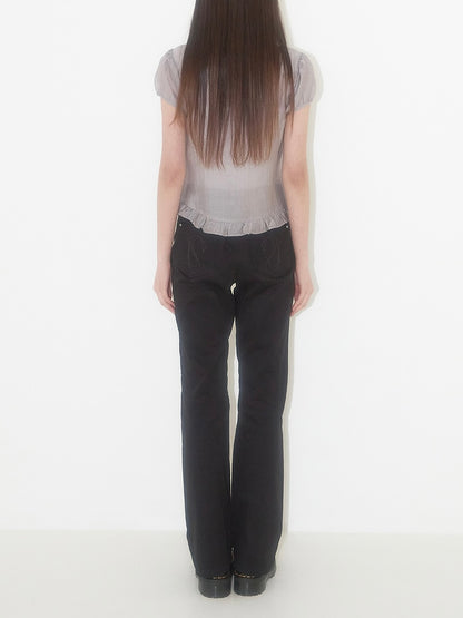 Ribbon tie square neck blouse / gray