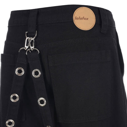 Strap pocket denim pants / black