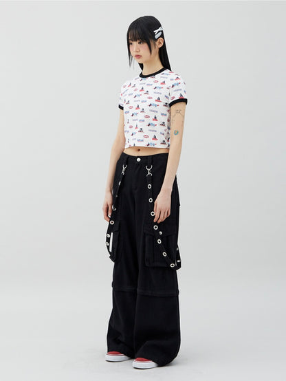 Strap pocket denim pants / black