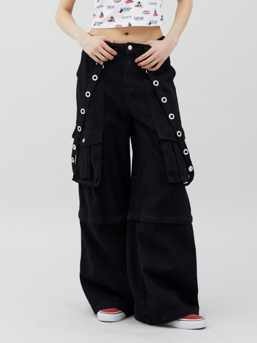 Strap pocket denim pants / black