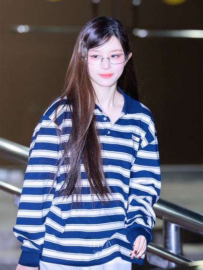 【ILLIT ミンジュ着用】Striped polo t-shirt / navy