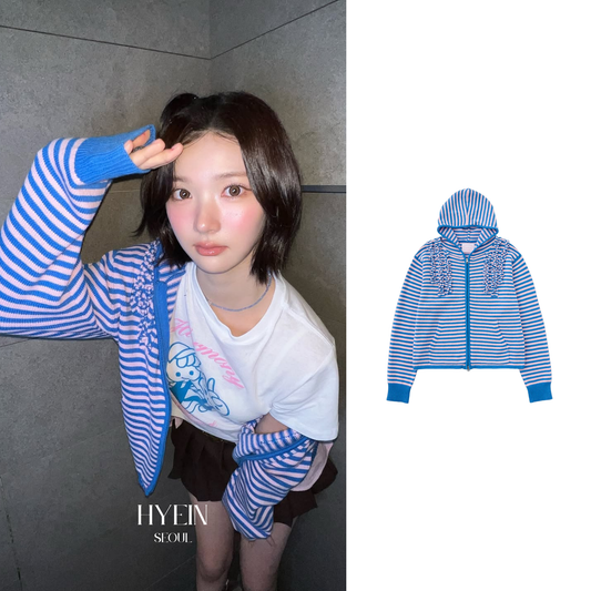 Stripe knit frill hoodie zip-up / pink【Hearts2Hearts(H2H) ジウ着用】