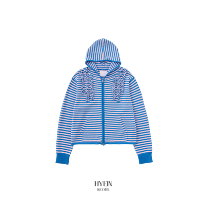 Stripe knit frill hoodie zip-up / pink【Hearts2Hearts(H2H) ジウ着用】