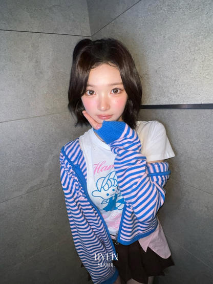 Stripe knit frill hoodie zip-up / pink【Hearts2Hearts(H2H) ジウ着用】