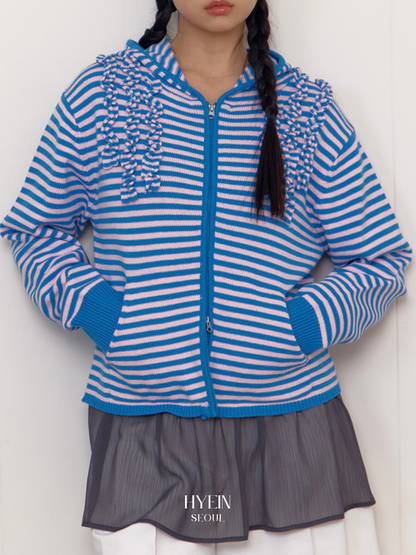 Stripe knit frill hoodie zip-up / pink【Hearts2Hearts(H2H) ジウ着用】