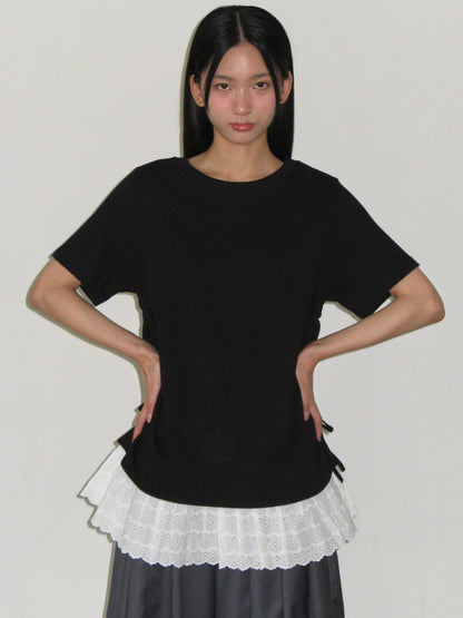 【IVE レイ着用】Torchon lace shirring layered long t shirt