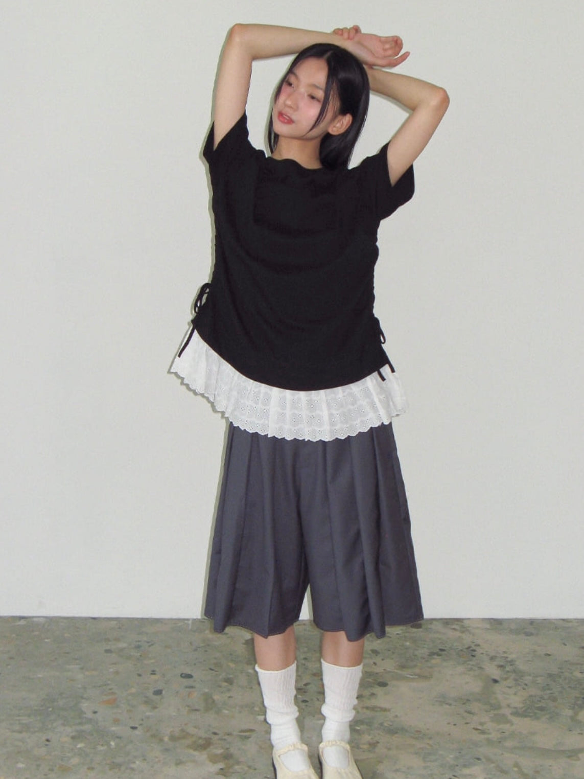 【IVE レイ着用】Torchon lace shirring layered long t shirt