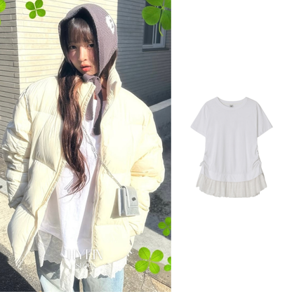 【IVE レイ着用】Torchon lace shirring layered long t shirt