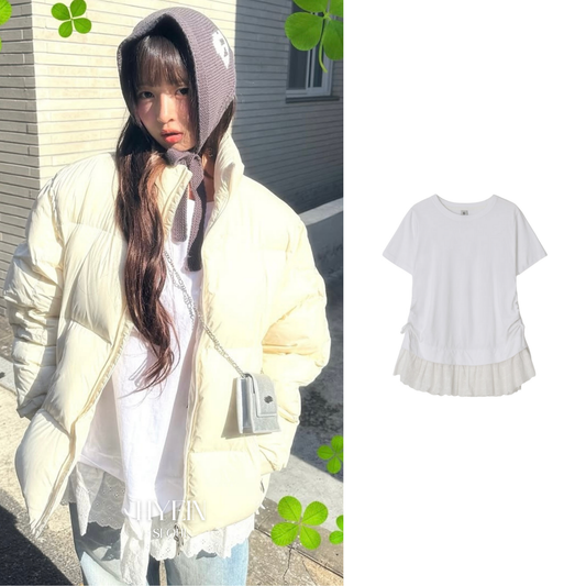 【IVE レイ着用】Torchon lace shirring layered long t shirt