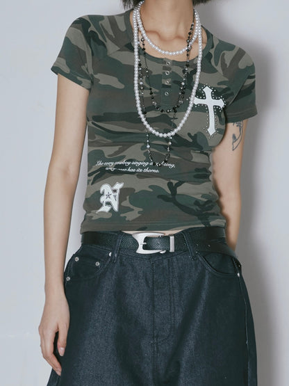 Vintage cross button down tee / camo