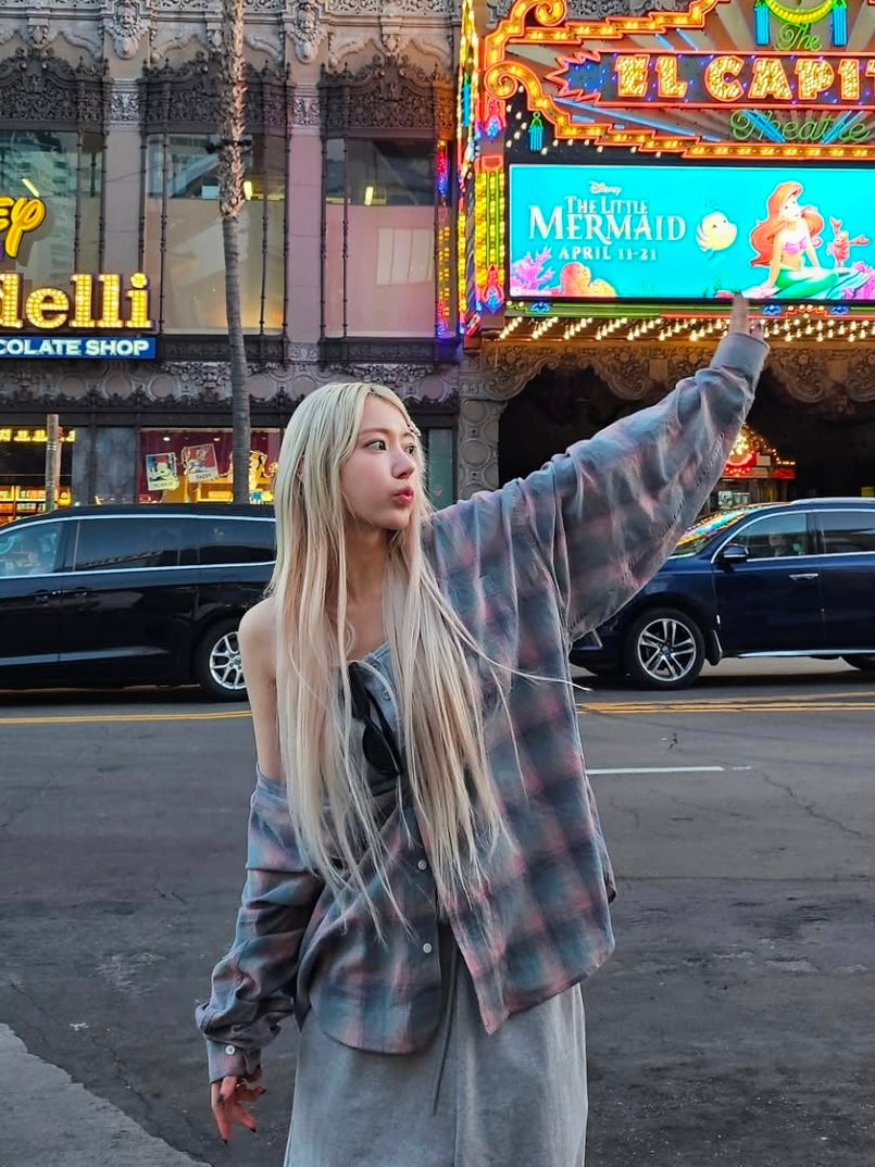 Oversized flannel check shirt pink