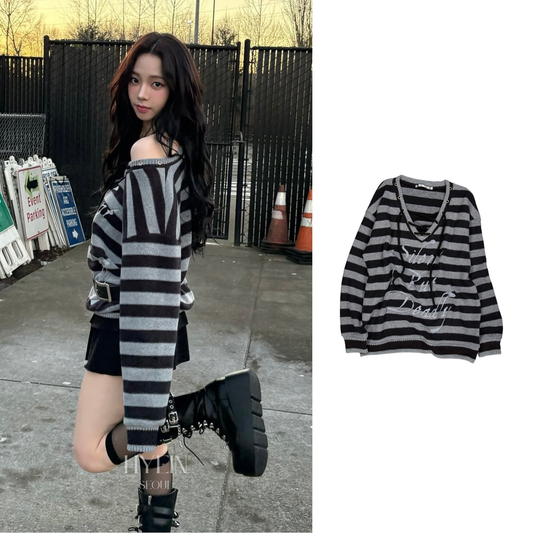 【aespa カリナ着用】Stripe v-neck mtm